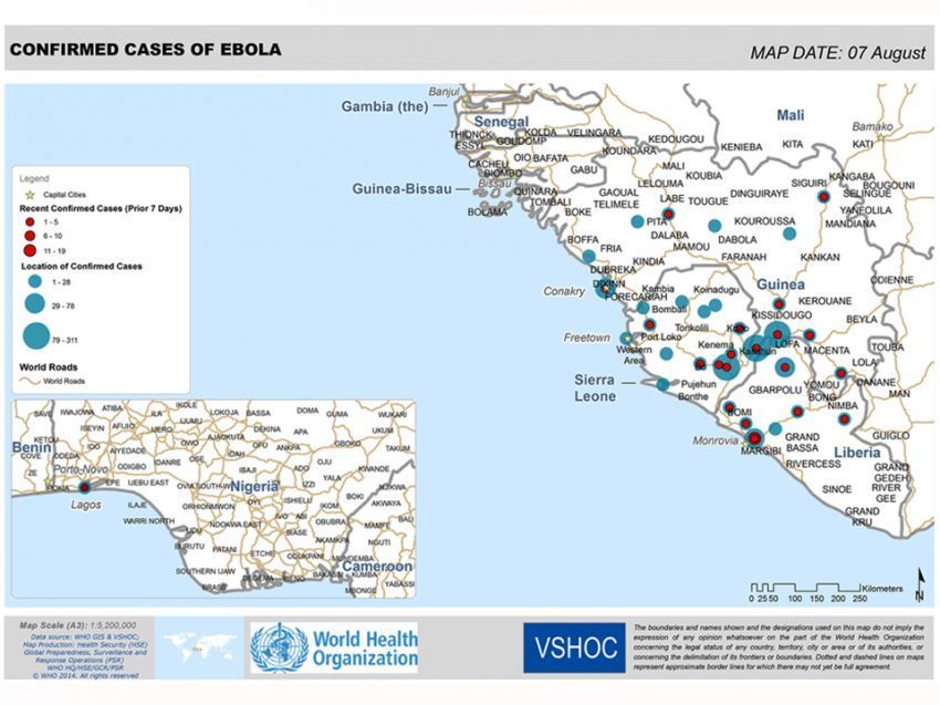 Peta penyebaran virus Ebola di Afrika bagian Barat
