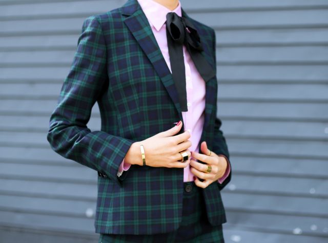 b brooks brothers black watch plaid tartan pants suit blazer jacket pleated skirt matches vince camuto structured cape pink button down black silk neck bow tie sjp sarah jessica parker marlene brogue detail pointy toe pu