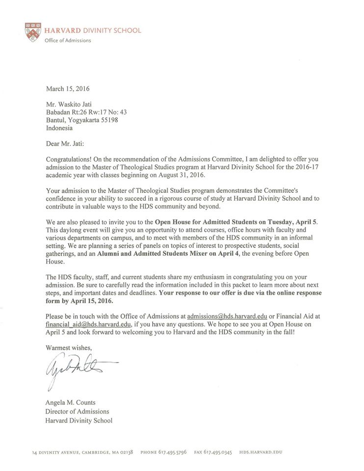 Kabar yang membahagiakan dari Harvard untuk Waskito.