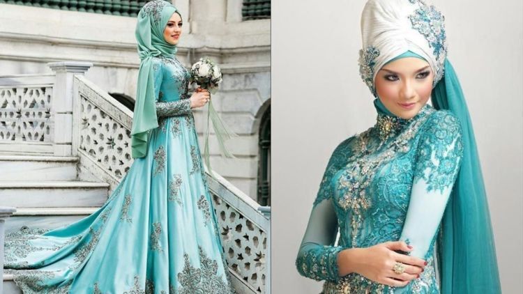 12 Gaun Pernikahan Hijab Bertema Turquoise untuk Datangkan 