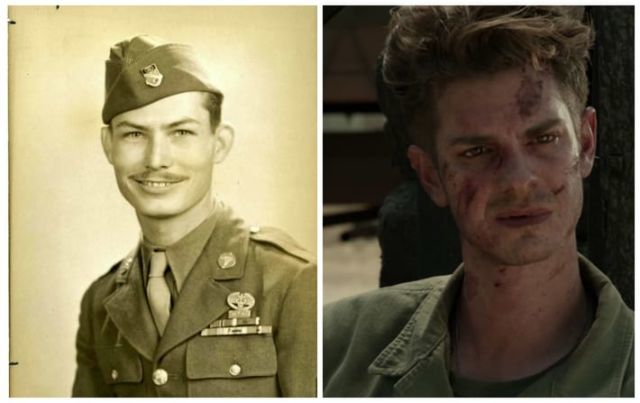 Desmond Doss asli dan Andrew Garfield yang memerankan Desmond Doss dalam Hacksaw Ridge