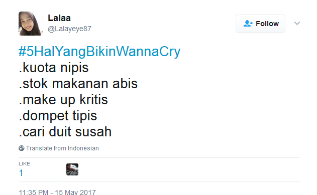 Kocak! Netizen Bikin Tagar #5HalyangBikinWannaCry, Bukan Nama Virus, Tapi Beneran ‘Wanna Cry’ :(