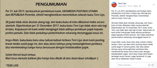 Tere Liye Berhenti Menerbitkan Buku Karena Ketidakadilan Pajak. Kalau Kayak Gini Siapa yang Keliru?