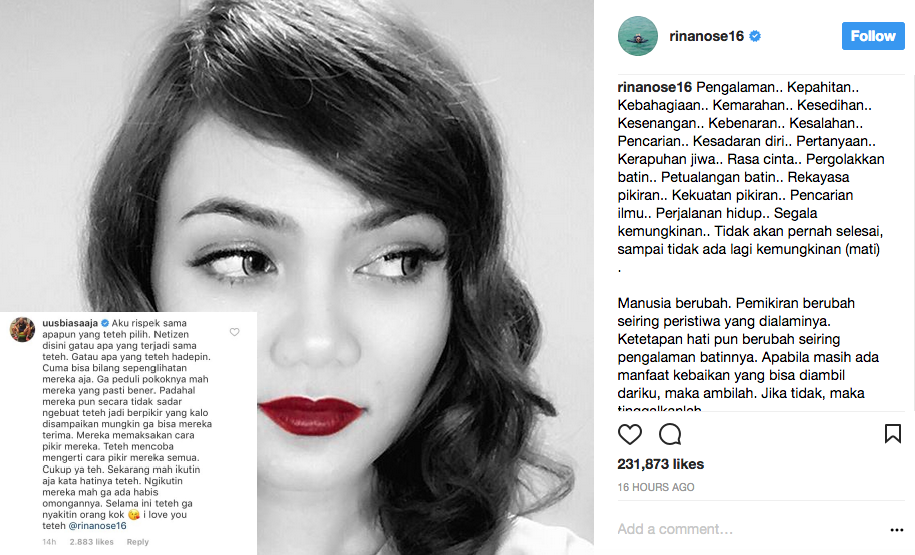 Belain Keputusan Rina Nose yang Lepas Jilbab, Uus Juga Kena Ceramah Warganet. Jadi Serba Salah Deh!