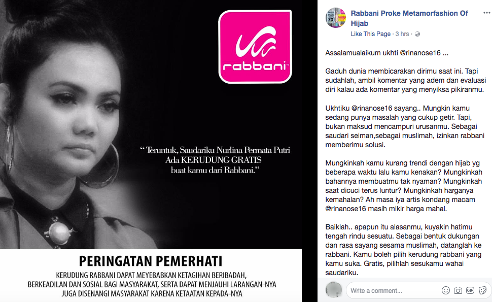 Gratiskan Kerudung, Rabbani Dituding Promosi. Padahal Katanya Ini Bentuk Dukungan buat Rina Nose Loh