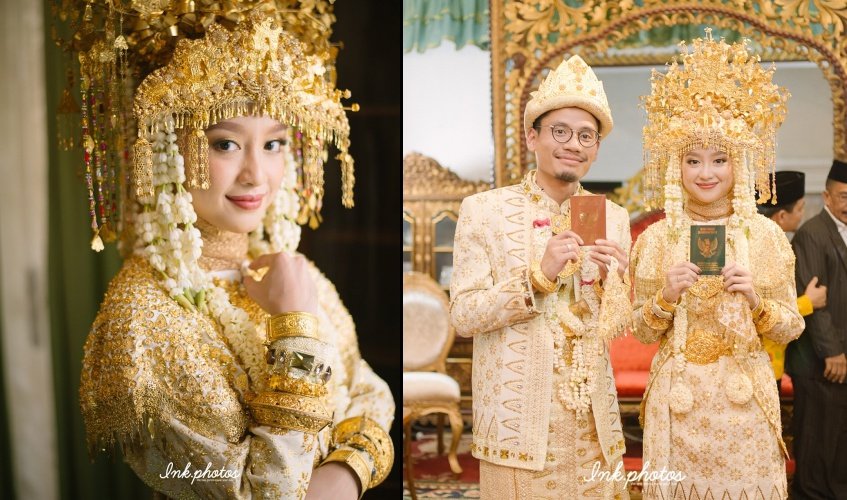 Pesta Pernikahan Gitasav Mengenakan Busana Adat Palembang. Tampak Anggun dalam Ketradisionalan