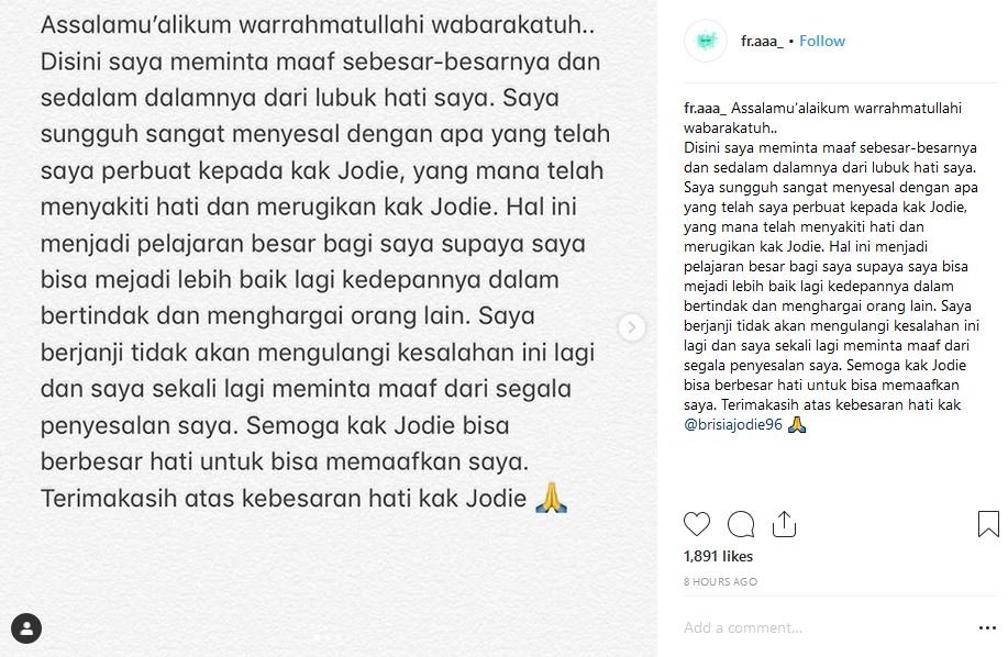 Brisia Jodie Kena Bully, Pelaku Minta Maaf Lewat Video Sambil Ketakutan. Super Pedas Kata-katanya! 9 Brisia Jodie Kena Bully, Pelaku Minta Maaf Lewat Video Sambil Ketakutan. Super Pedas Kata-katanya!