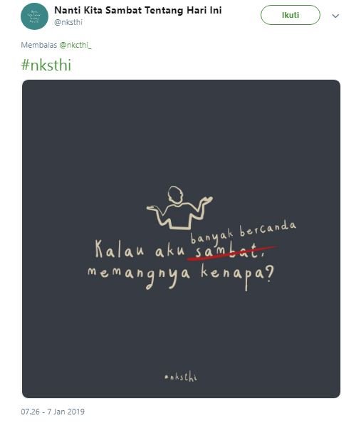 Balasan Akun @NKSTHI pada @NKCTHI Ini Ibarat Cewek yang Punya Cowok Cuek. Duh Gemesh Liatnya~ 25 Balasan Akun @NKSTHI pada @NKCTHI Ini Ibarat Cewek yang Punya Cowok Cuek. Duh Gemesh Liatnya~