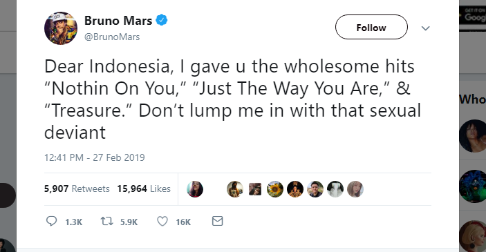 3 Sambatan Sarkas Bruno Mars di Twitter yang Sindir Indonesia Karena Lagunya Dilarang. Ciut nih :(