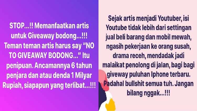 Semakin Marak Giveaway Bodong, Penulis Naskah Andi Atthira Peringatkan para Artis dan YouTuber