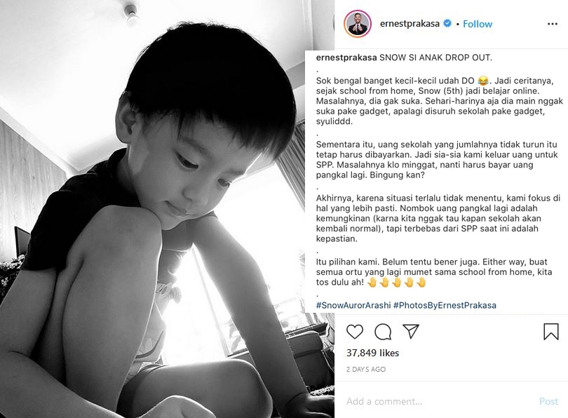 Pandemi Berdampak pada Kegiatan Belajar Mengajar, Anak Ernest Prakasa Pilih Berhenti Sekolah