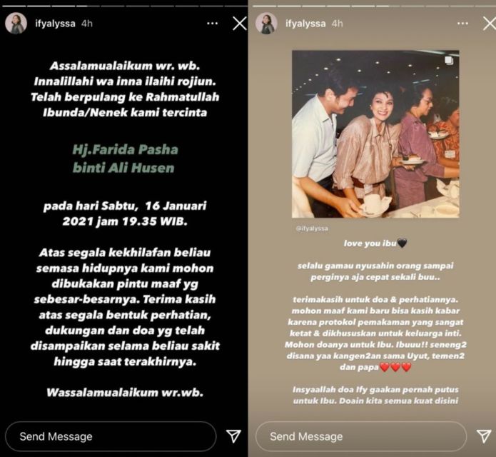 Artis Farida Pasha Meninggal Dunia, Ify Alyssa: Mohon Dibukakan Pintu Maaf Sebesar-besarnya