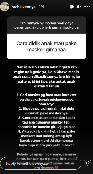 Penuhi Permintaan Warganet, Rachel Vennya Jawab Serba-serbi Parenting di IG Story. Ini Detailnya!