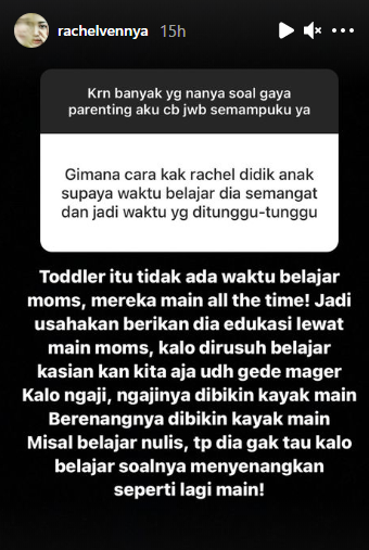 Penuhi Permintaan Warganet, Rachel Vennya Jawab Serba-serbi Parenting di IG Story. Ini Detailnya!