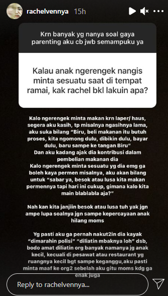 Penuhi Permintaan Warganet, Rachel Vennya Jawab Serba-serbi Parenting di IG Story. Ini Detailnya!
