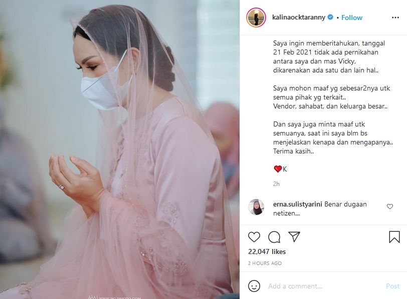 Kalina Umumkan Batal Menikah dengan Vicky Prasetyo, Warganet: Sudah Kuduga~