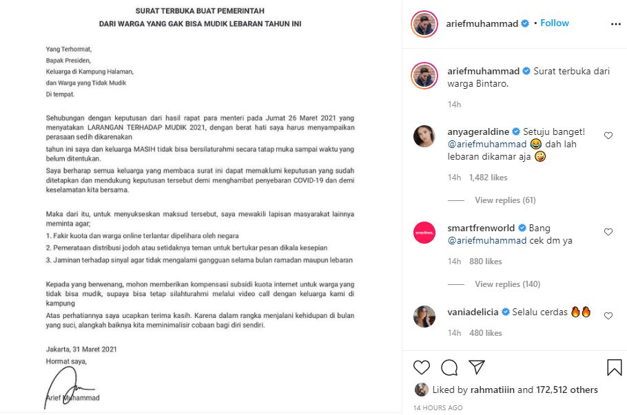 Soroti Imbas Larangan Mudik 2021, Arief Muhammad Bikin Surat Terbuka. Tuntut 3 Hal pada Pemerintah