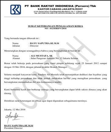 Surat referensi kerja untuk bank