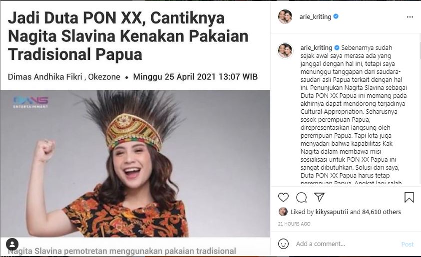 Nagita Dipilih Jadi Ikon PON XX, Arie Kriting Bahas Cultural Appropriation: Harusnya Perempuan Papua