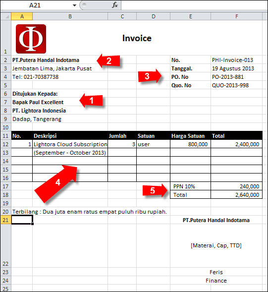 contoh invoice excel