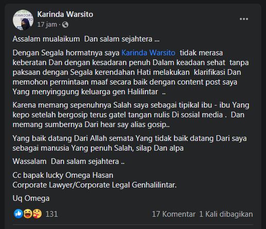 Usai Tuding Gen Halilintar Bikin Orang Malaysia Muak dengan Tingkah Mereka, Karinda W. Minta Maaf