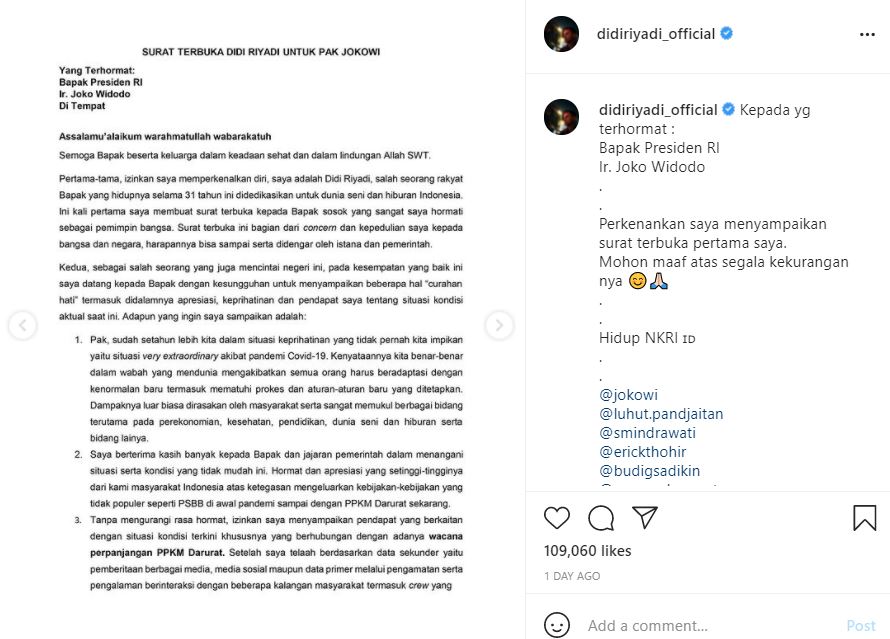 Tolak Wacana Perpanjangan PPKM Darurat, Didi Riyadi Tulis Surat Terbuka untuk Presiden