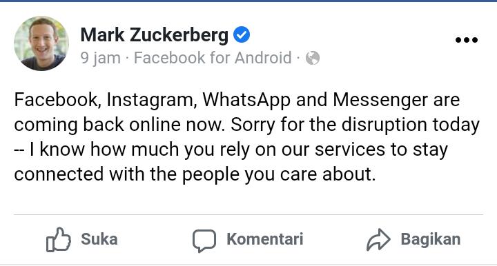 Instagram, Facebook dan WhatsApp Sempat Down, Mark Zuckerberg Tanggung Kerugian hingga Rp99 Triliun