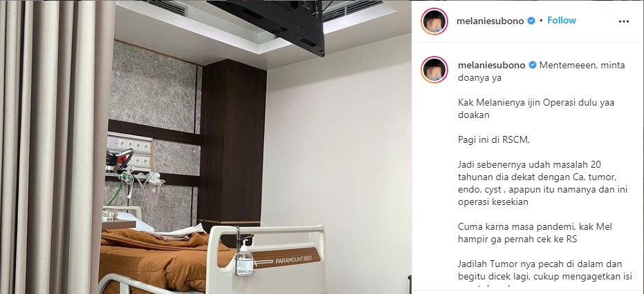 Melanie Subono Jalani Operasi Akibat Pecah Tumor, Ternyata Sudah Idap Puluhan Tahun
