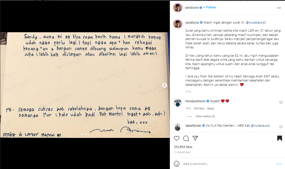 Unggah Surat Cinta Istri 31 Tahun Lalu, Sandiaga Uno: Kasih Sayangmu Tak Terhingga