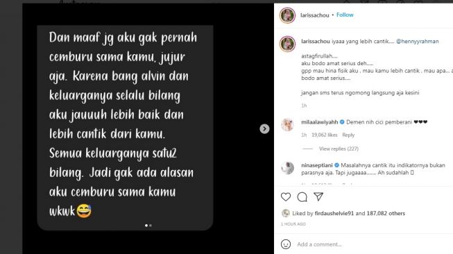 Unggah Bukti Istri Baru Alvin Faiz Hina Fisiknya, Larissa Chou: Value Seseorang Tidak Dilihat dari Fisik