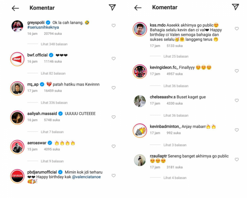 Komentar warganet di Instagram Kevin Sanjaya, banyak yang berikan selamat