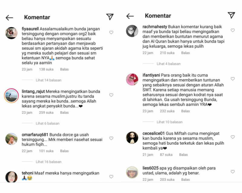 Komentar warganet di unggahan Dorce 