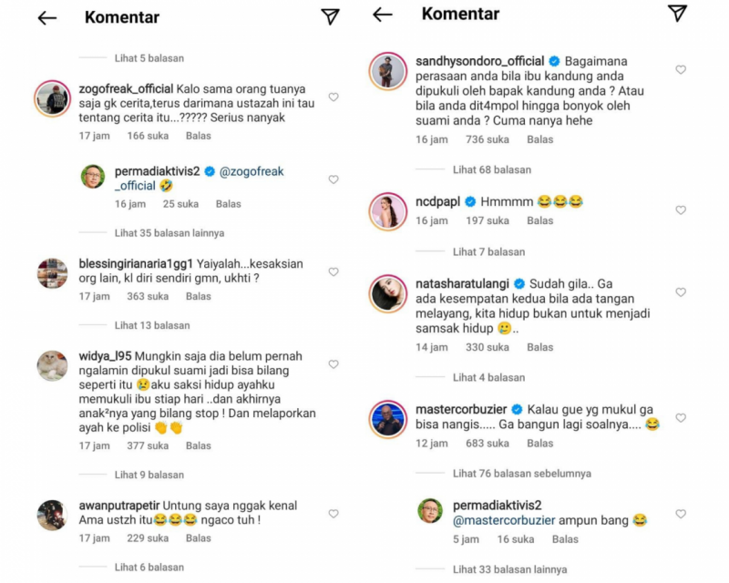 Komentar dari akun IG Permadi Arya