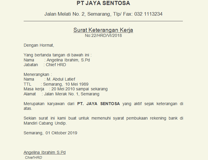 Contok surat referensi kerja untuk bank