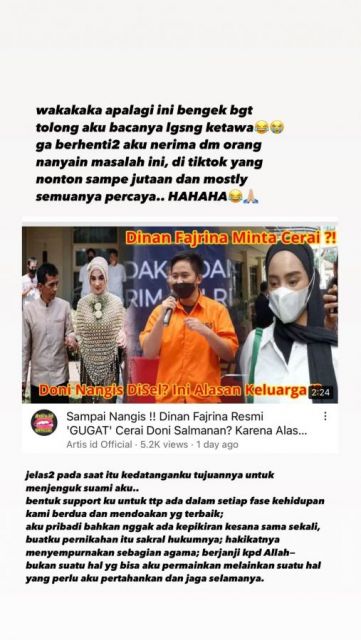 Digosipkan Gugat Cerai Doni Salmanan, Dinan Fajrina Bantah Gosip Tersebut