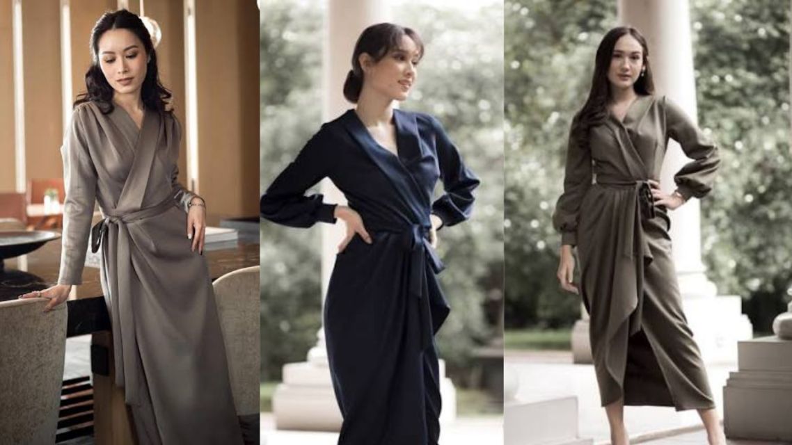 10 Inspirasi Baju Lebaran Non Hijab 2026 yang Paling Stylish, Modern, Fresh, dan Elegan 14 Wrap Dress Elegan
