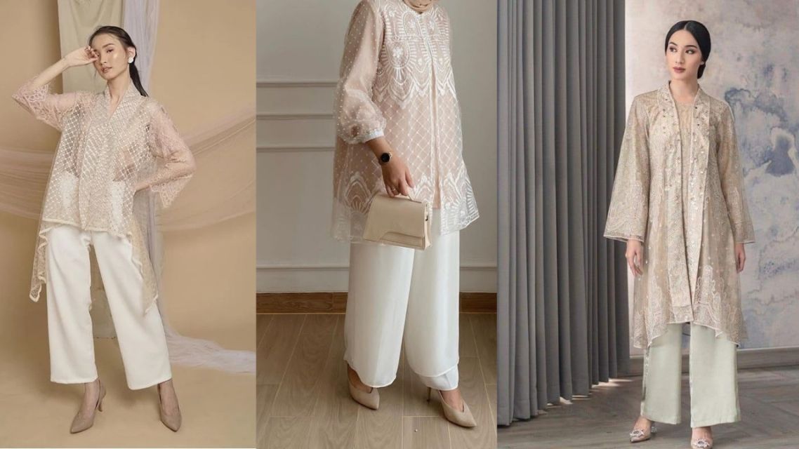 10 Inspirasi Baju Lebaran Non Hijab 2026 yang Paling Stylish, Modern, Fresh, dan Elegan 17 Blouse Brokat dengan Celana Kulot