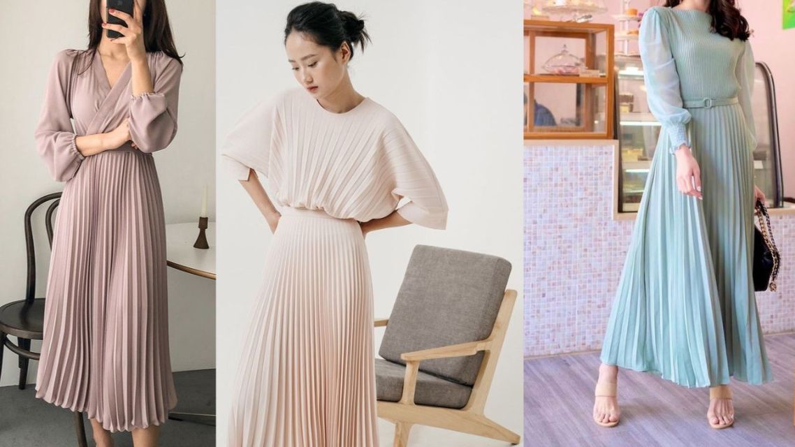 10 Inspirasi Baju Lebaran Non Hijab 2026 yang Paling Stylish, Modern, Fresh, dan Elegan 19 Pleated Dress Anggun