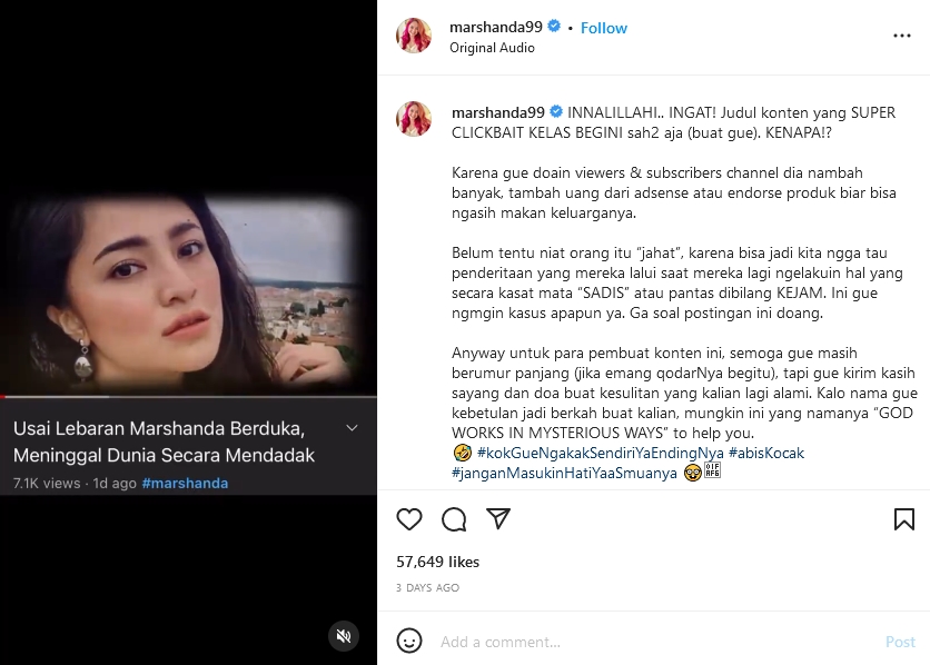 Marshanda respons kabar hoaks dirinya meninggal