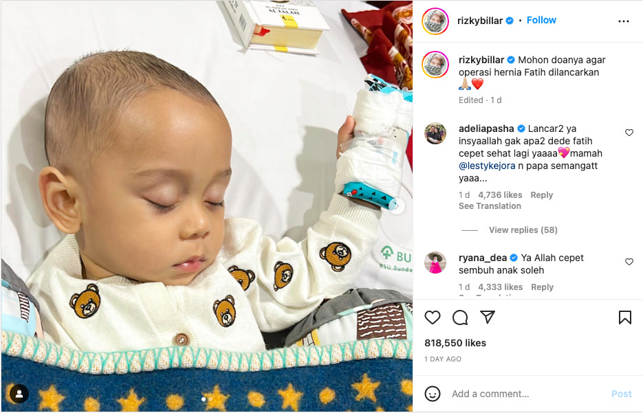Rizky Billar Ungkap Kondisi Anak Usai Operasi, Sebut Fatih Idap Hernia Inguinalis 7 anak rizky billar operasi hernia