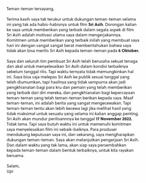 Surat terbuka dari sutradara Sri Asih