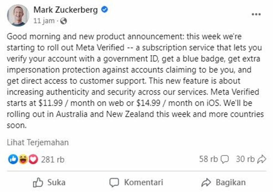 Mark Zuckerberg mengumumkan rencana uji coba fitur centang biru | Credit: Facebook Mark Zuckerberg