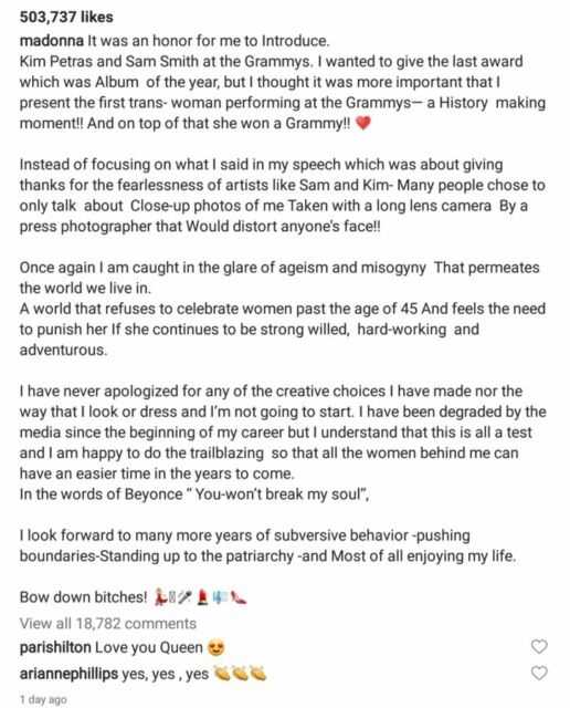 Madonna Beri Jawaban Menohok Usai Wajahnya Dikritik Saat Tampil di Grammy Awards 2023 6 Pernyataan lengkap Madonna