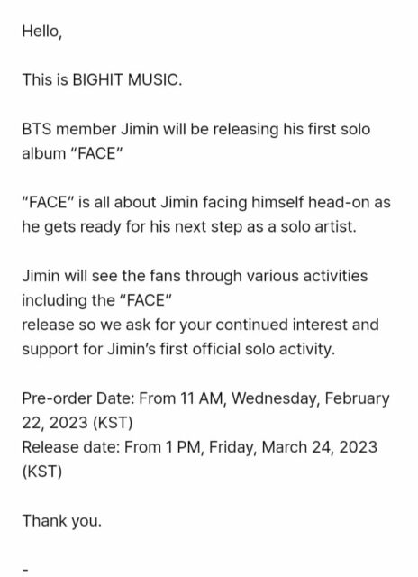 Keterangan BIGHIT soal album Jimin bertajuk FACE