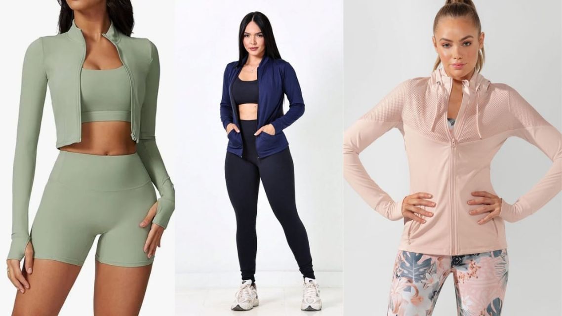 Outfit Gym Wanita dengan Jaket Ringan