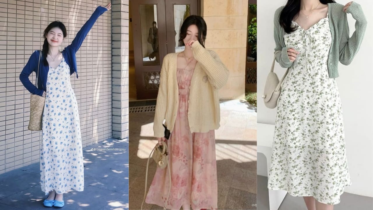 15 Inspirasi Outfit Cewek Kue Paling Playful & Aesthetic, Auto Makin Stand Out! 18 Dress Motif + Cardigan Warna Senada.