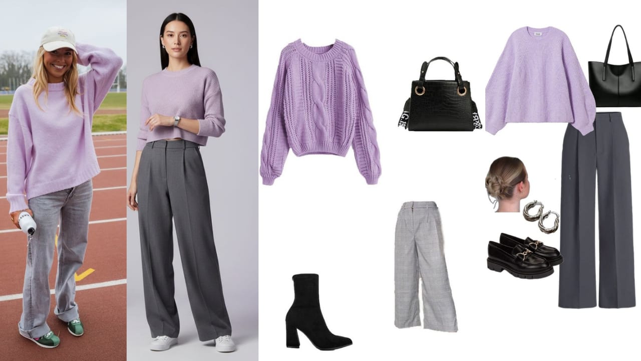 15 Inspirasi Outfit Cewek Kue Paling Playful & Aesthetic, Auto Makin Stand Out! 20 Sweater Lilac+ Celana Highwaist Grey