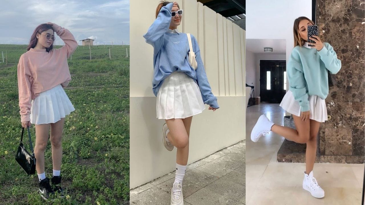 15 Inspirasi Outfit Cewek Kue Paling Playful & Aesthetic, Auto Makin Stand Out! 21 Jacket, Jumper, atau Hoodie Pastel Oversized + Rok Mini/Skort A-Line Putih