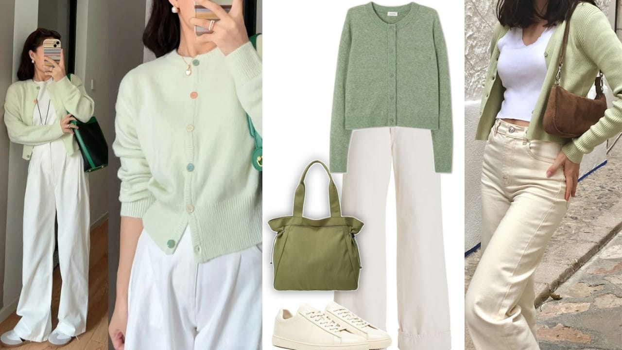 15 Inspirasi Outfit Cewek Kue Paling Playful & Aesthetic, Auto Makin Stand Out! 22 Cardigan Hijau Sage + Jeans Putih / Broken White