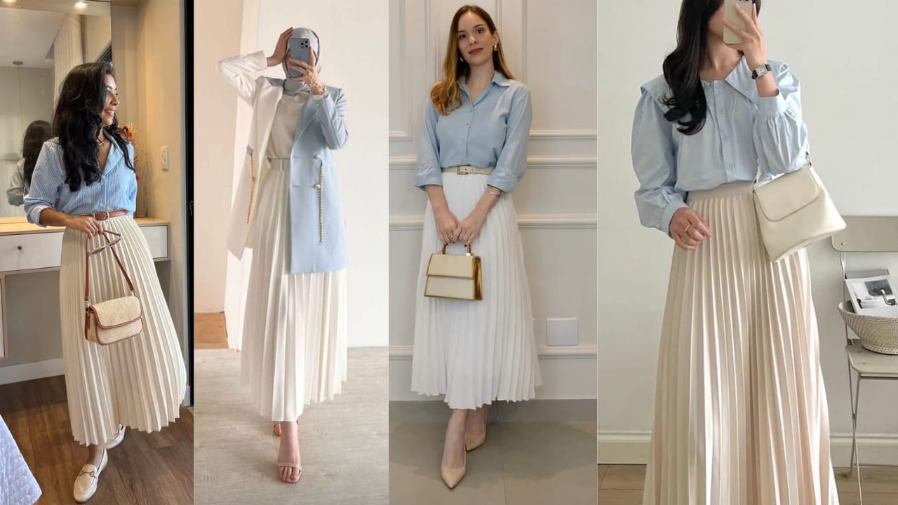 15 Inspirasi Outfit Cewek Kue Paling Playful & Aesthetic, Auto Makin Stand Out! 24 Blouse/Kemeja Baby Blue + Rok Plisket Putih / Cream